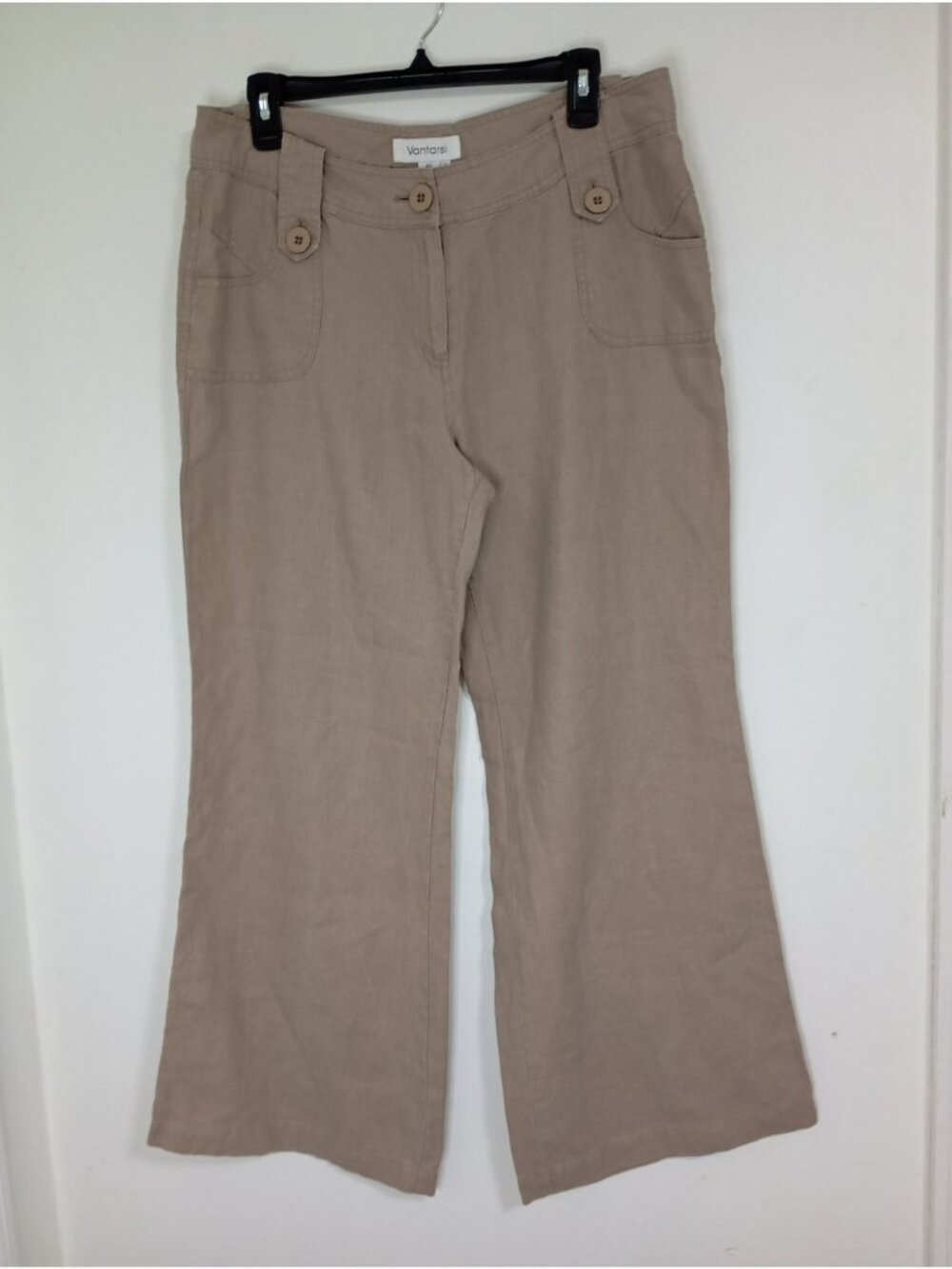 Vantarsi Womens Beige 100% Linen Wide Leg Cropped Pants Button Detail Size XL